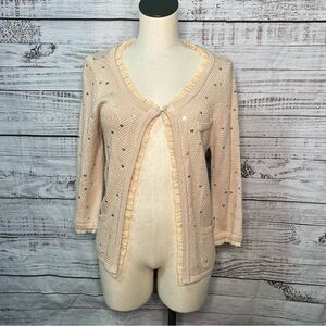 My Favorite Things Colleen Lopez Knit Cardigan Sweater Gold Sequins Chiffon Trim